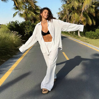 Ensemble Femme Chic Été 2026 : Chemise Décontractée à Revers Manches Longues et Pantalon Large Taille Haute – Vente en Gros pour Boutiques