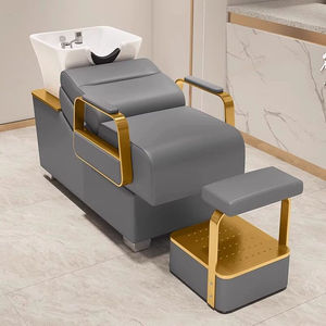 Fauteuil de lavage en cuir PU noir pour salon de coiffure avec repose-pieds réglable, structure métallique et lavabo en céramique - Product Image 5