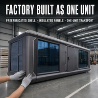 Cabine capsule préfabriquée transportable, livrée en unité unique, avec panneaux muraux isolés et vitrage pleine hauteur, prête pour le chantier