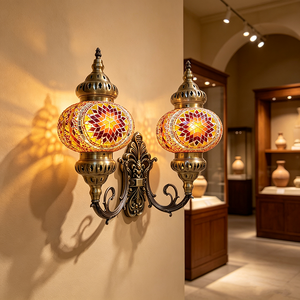 Turkish Mosaic Glass Wall Sconce Antique Bronze Double Light Handmade Bohemian Wall Lamp for Living Room Bedroom Hallway Decor - Product Image 1