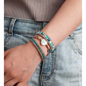 Bracelet en cuir tressé opale bleu, forme cœur, style bohème, bracelet d'amitié, cadeau, bijoux - Product Image 4