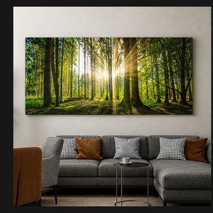 Impression sur toile de paysage forestier ensoleillé, art mural en cristal, image de forêt verte pour spa, couloir, salon, bureau, intérieurs calmes - Product Image 1