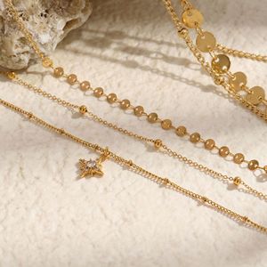 Collar de Oro Exclusivo con Colgante de Pentagrama de Cuatro Estrellas en Forma de Gota de Agua, Cadena de Placa Redonda de Tres Capas Tejidas para Mujer - Product Image 4