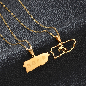 Collana con Ciondolo Mappa di Porto Rico e Maschera con Palma <span class=keywords><strong>da</strong></span> Cocco per Donne e Ragazze, Base in Acciaio Inossidabile, Gioielli Etnici PR # 572962 - Product Image 1