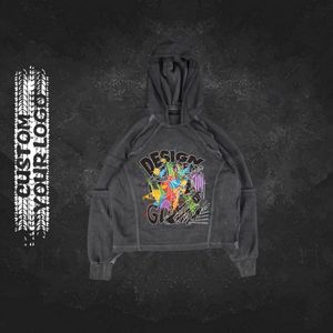 Pull à capuche oversize en coton 100% brodé, lourd, personnalisé, uni, streetwear vintage, délavé à l'acide, déchiré - Product Image 1