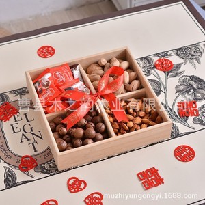 Wooden Compartmentalized Dried Fruit Box Natural Color Red <b>Ribbon</b> <b>Wedding</b> Gift Candy Storage Tray Rectangular 1-3L - Product Image 1