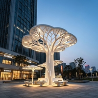 Sculpture d'arbre géante moderne en acier inoxydable blanc personnalisée avec sièges et éclairage LED pour place publique extérieure de centre commercial