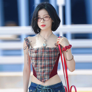 Color Block Plaid Mesh Patchwork Camisole Crop Top Women <b>Spaghetti</b> <b>Strap</b> Slim Fit Y2K Retro Casual Versatile Summer Top - Product Image 2