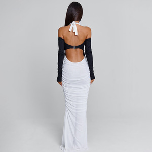 ชุดราตรีคอเชือกผูกคอสีตัดต่อ ทรงยาว เปิดหลัง กระชับเอว ชุดออกงานสำหรับผู้หญิง - Product Image 3