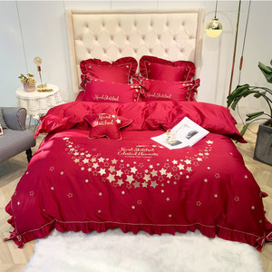 מיטת 100% כותנה אורגנית יוקרתית להגדיר רקמה חתונה אדומה עם צורת לב 400tc סט 4 חלקים מלונות - Product Image 6