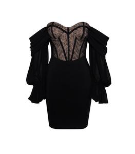 <span class=keywords><strong>Abito</strong></span> Aderente Lungo in Chiffon con Maniche a Sbuffo, Corsetto in Pizzo <span class=keywords><strong>Nero</strong></span>, Spalle Scoperte, Vestito <span class=keywords><strong>Attillato</strong></span> Effetto Push-Up per Feste e Club - Product Image 6