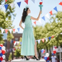 Kostum Patung Liberty Wanita Gaun Dewi Teal Mahkota Obor Pakaian Pesta Halloween 4 Juli