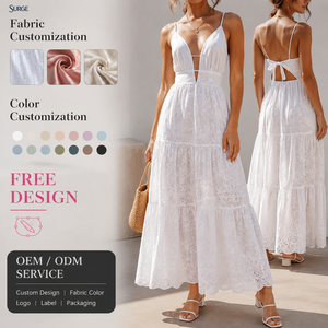 <span class=keywords><strong>Vestidos</strong></span> Maxi Boho <span class=keywords><strong>de</strong></span> Algodón con Bordado <span class=keywords><strong>de</strong></span> Ojales, Tirantes Finos, Cuello en V y Cintura Recortada con Volantes para Mujer, Ideales para Vacaciones en la Playa - Product Image 1