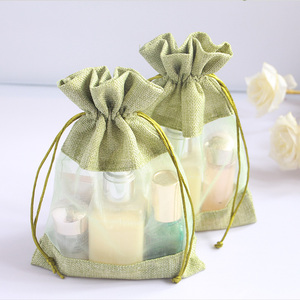 Eco-friendly Recycled Jute Drawstring <b>Bag</b> with Clear Window Transparent Gift <b>Bag</b> <b>Folding</b> Style and Rope Handle - Product Image 4
