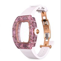 Hochwertige 0702 Rosa Kristall-Uhrgehäuse Automatisches Mechanisches Uhrwerk Weißes Fluorkautschuk-Armband Damen Sport-Business-Uhr