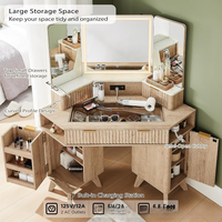 Grand bureau de maquillage en coin avec 3 lumières de miroir et station de charge en verre pour chambre à coucher