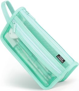 Estuche para lápices de doble capa transparente con cierre de cremallera y diseño de cuadrícula de cuatro compartimentos (rosa) - Ideal para viajes, uso en la oficina y la escuela para adultos - Product Image 5