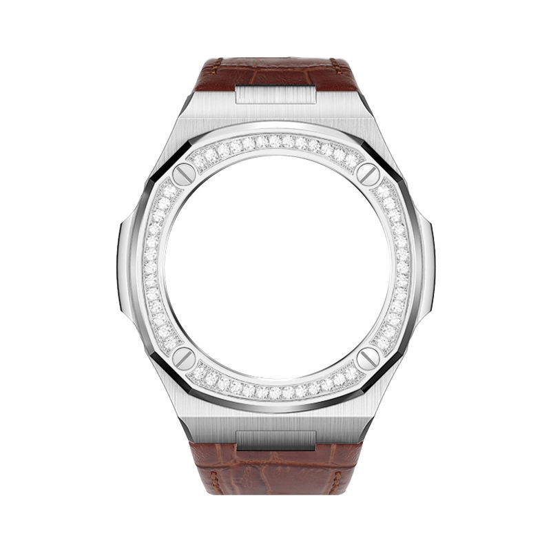 boîtier argenté-bracelet en cuir marron