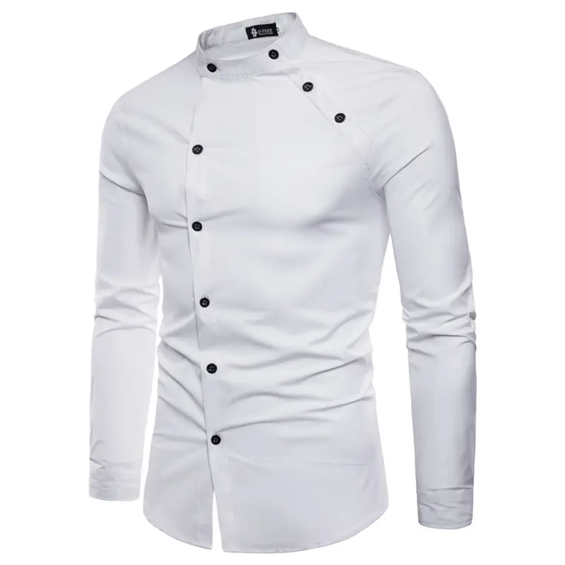 Men's oblique placket double-breasted shirt solid color men's long-sleeved shirt