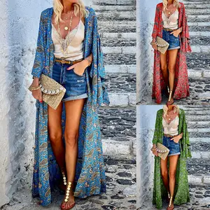 2023 New One Pieces Open Front Beach Cover Up Impresso Kimono para Férias Das Mulheres Boêmio Manga Longa Maxi Vestidos Kaftan