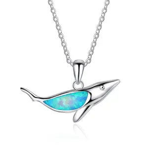 Groothandel 925 Sterling Zilver Wit Goud Vergulde Blue Opal Oceaan Stijl Shark Ketting Sieraden