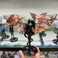 En gros, Ornement en cristal naturel mélangé, Ailes d'ange et de démon pour couple, Statue d'ailes en pierre brute, Support de présentation en métal noir