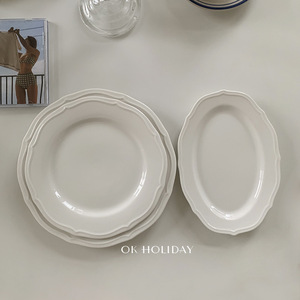 Ensemble d'assiettes ovales en céramique blanche, style français, bord flottant, pour desserts, petit-déjeuner, utilisation en fête - Product Image 4