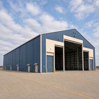 Hangar d'aviation bleu multi-portes avec deux baies pour avions, portes de service à roulettes et accès par piste pavée