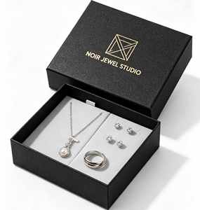 Noir Jewel Studio Rigid Jewelry Box with Satin Liner and Paperboard <b>Drawer</b> Shape Hot Stamped Logo for Necklace Earring Ring <b>Set</b> - Product Image 1