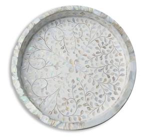 Plateau de service rond en bois au design floral moderne avec incrustation d'os pour mariages et Diwali avec poignées et meilleurs prix - Product Image 1
