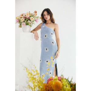 Nuovi abiti a spalline senza maniche a fiori bianchi con spacco Sexy <span class=keywords><strong>abito</strong></span> in <span class=keywords><strong>maglia</strong></span> <span class=keywords><strong>blu</strong></span> - Product Image 4