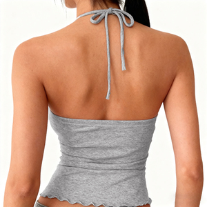 Top de Verano Sexy con Cuello Halter y Lazos, Transpirable, de Color Sólido, Tejido Elástico, sin Mangas - Product Image 6