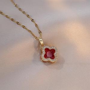 Modische Kristall-Kleeblatt-Blumen-Anhänger-Halskette, stilvolle Edelstahl-Diamant-Schlüsselbeinkette - Product Image 4