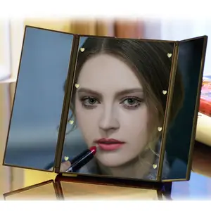 Kecil Led Menyala Tri-fold Makeup Cermin Saku Portabel Cermin Perjalanan Mini Vanity Cermin untuk Kosmetik Make Up