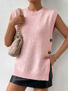 Gilet pull <span class=keywords><strong>sans</strong></span> manches en tricot boutonné pour femme, <span class=keywords><strong>col</strong></span> rond, coupe ample, style décontracté, printemps-automne, vente en gros usine - Product Image 3
