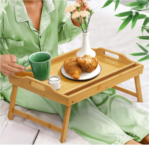 Plateau de service portable en bambou pour petit-<span class=keywords><strong>d</strong></span>éjeuner avec poignée, pieds pliables, finition laquée sculptée, pour salon, service de boissons et de nourriture - Product Image 6