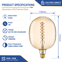 Ampoule LED à filament surdimensionnée DG170 de haute qualité, 7W, E26 E27, 2200K, verre ambré, dimmable, lampe Edison vintage pour hôtel, restaurant