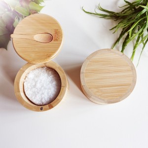 Bamboo and wood salt box with spoon, kitchen <b>spice</b> <b>jar</b>, magnetic rotating lid, solid wood seasoning box, household seasoning - Product Image 2