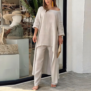 Women Two Pieces <b>Set</b> Cotton And <b>Linen</b> Loose Irregular Long Tops + Long Pants Casual Suits 2 Piece <b>Set</b> - Product Image 3