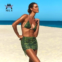 Dames Halter Driehoek String Bikini Badmode Strandkleding Sexy Tijger Streep Print 2 Delige Badpakken