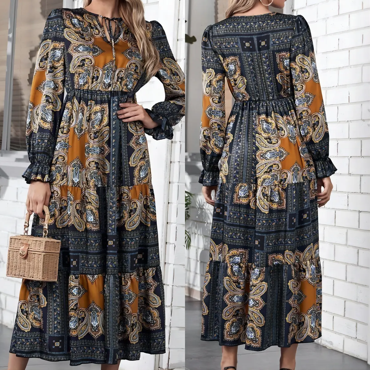 2024 Autumn New Holiday Style V-neck Bubble Sleeve Printed Dress Women's French Retro Large Swing Knee Length Dress