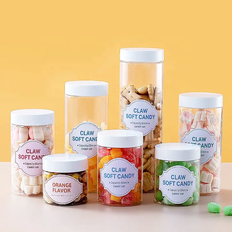 Großhandel 180ml 360ml 500ml Versiegelte PET klare Kunststoff Lebensmittel glas Lagerung Süßigkeiten Kekse runde Flasche mit Deckel
