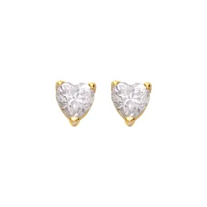 Trending Hot Products Hip Hop Yellow Plated 7mm Bling Bling Princess Cut Single Big Stone Heart Shape Stud Earrings