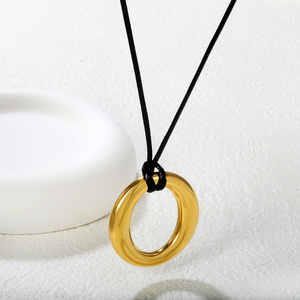 Minimalist Geometric Hollow <b>Ring</b> Pendant <b>Necklace</b> 18k Gold Plated Zinc Alloy Wax Rope Chain Fashion Jewelry - Product Image 3