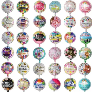 Venta al por mayor de globos de papel de aluminio de 18 pulgadas de feliz cumpleaños flotantes de forma redonda de papel de aluminio impreso Mylar globos para decoraciones de fiesta de cumpleaños