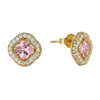 Boucles d'oreilles clous en argent sterling 925 plaqué or, motif trèfle à quatre feuilles, avec cristaux roses carrés, bijoux de luxe pour femmes