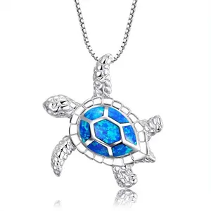 Fashion jewelry 925 sterling silver created blue fire opal sea turtle pendant necklace