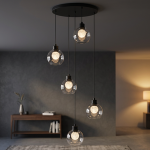 Round Glass Pendant Light E27 LED Warm White 3500K Black Metal Adjustable Height for Living Room - Product Image 2