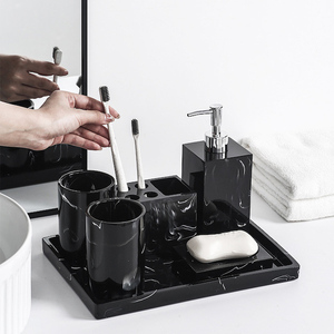 Ensemble de salle de bain marbré 6 pièces, distributeur de savon et porte-brosse à dents, cadeau pour femmes et hommes, ensemble d'accessoires de salle de bain en résine - Product Image 2