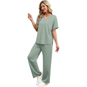 Conjunto de Salón para Mujer, Cuello en V, Manga Corta, Pantalones Anchos, 2 Piezas, Tejido Transpirable, Atuendo para Uso Diario - Product Image 3